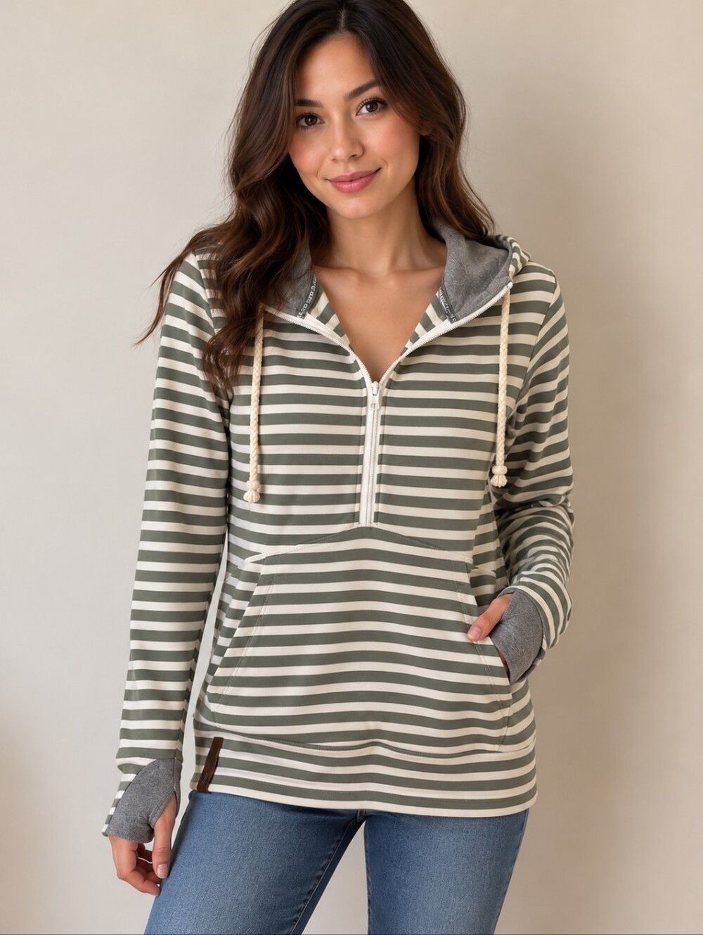 Ampersand Avenue Olive Green Striped Half Zip Hoodie XS NWT